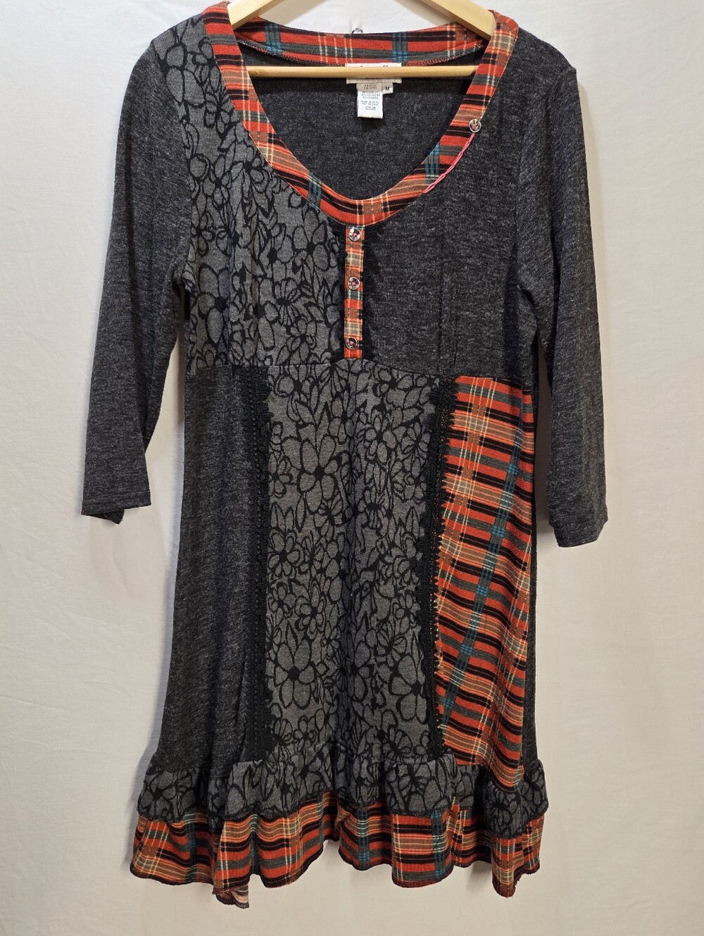 Papillon Patchwork Dress Sz M Scoop Neck Boho Eclectic Artsy Tunic Ruffled Hem